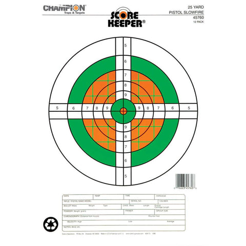 Scorekeeper Targets - Fluorescent Orange & Green Bull - 25 Yd. Pistol Slowfire (12 Pack)